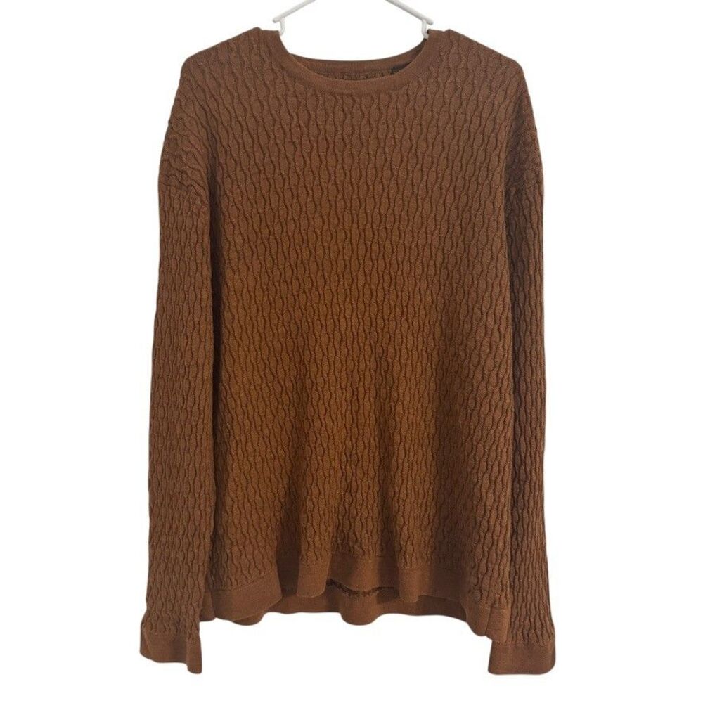 Perry Ellis Men XXL Wool Sweater Textured Cable Knit Pullover 90s Crewneck Brown